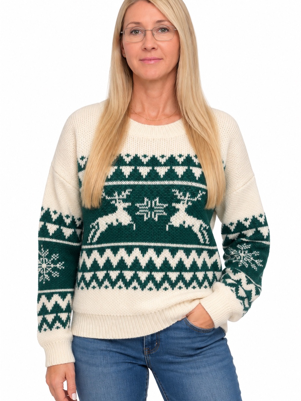 Women’s XS Cream & Green Nordic Reindeer Fair Isle Pullover Sweater
